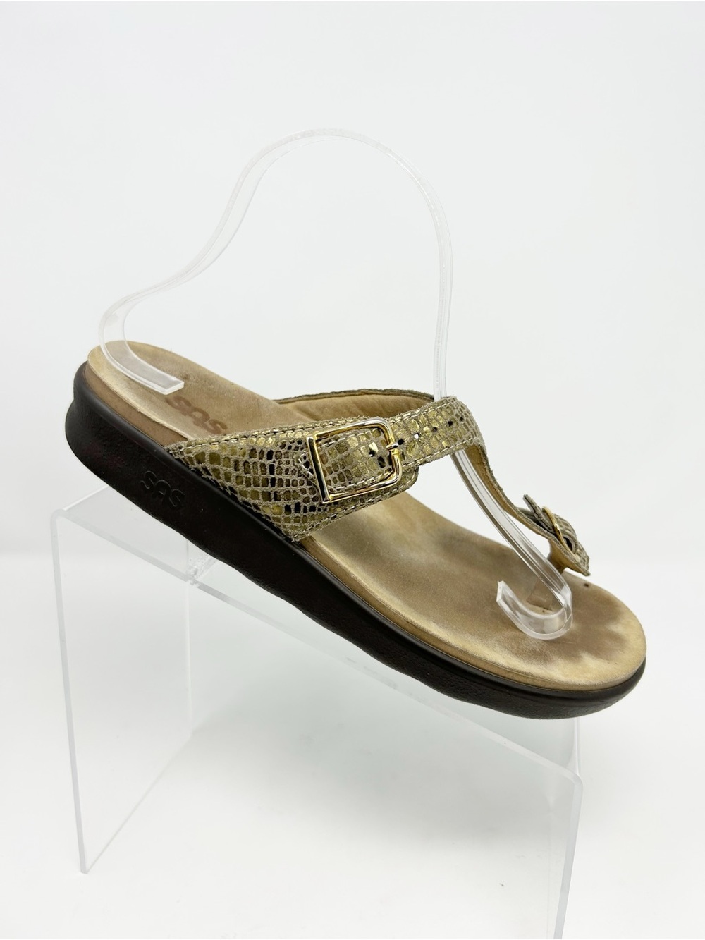 SAS Sanibel Thong T-Strap Slide Sandals Gold Buckle Comfort Slip-On Size 8.5